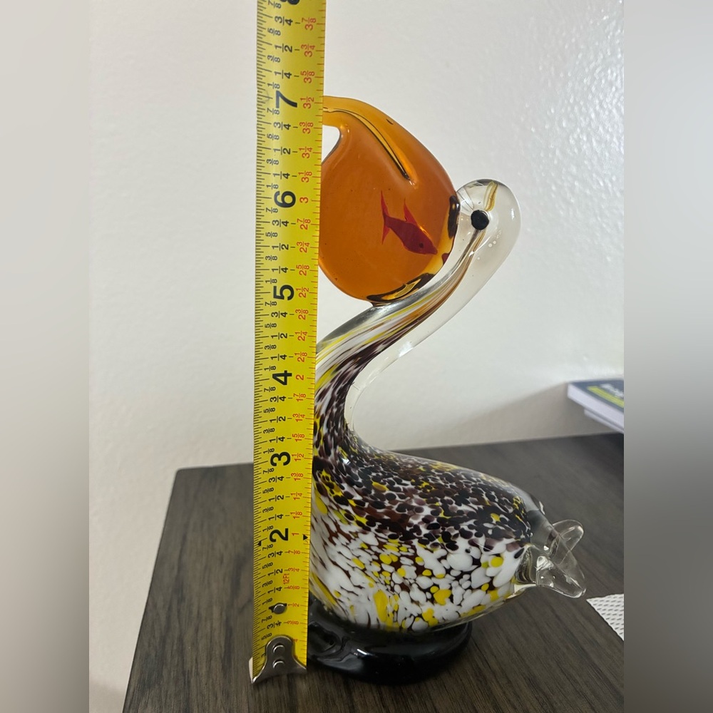 Hand Blown Glass Pelican Figurine Amber Yellow Beak Speckled Body - Picture 5 of 6